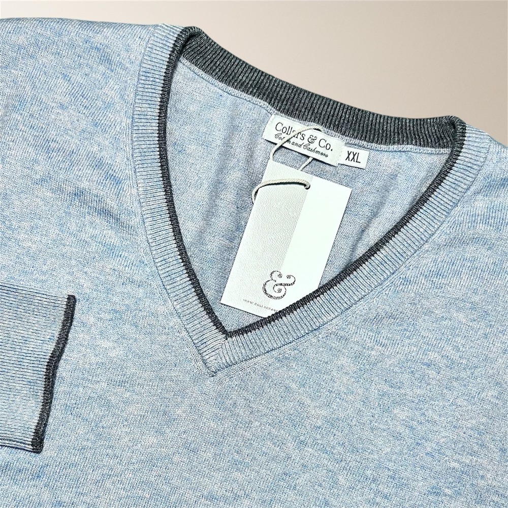 Collars & Co Luxury Touch XXL Heather Blue Cotton Cashmere V Neck Sweater Casual